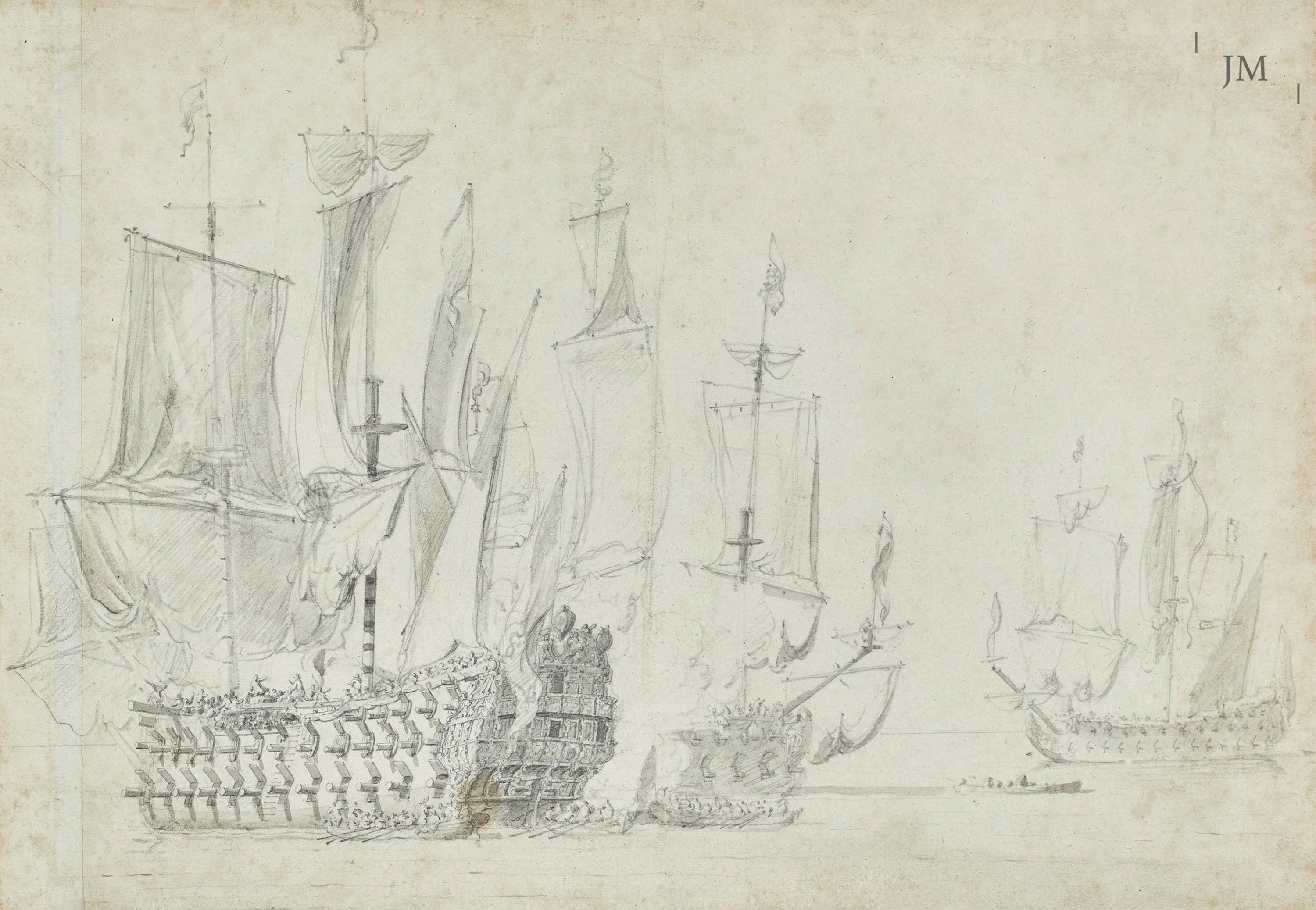 An English Two-Decker firing a Salute, with Longboats and other warships
